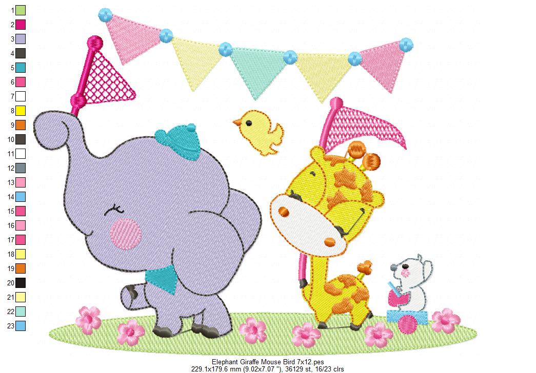 Elephant ,Giraffe, Mouse and Bird - Fill Stitch Embroidery