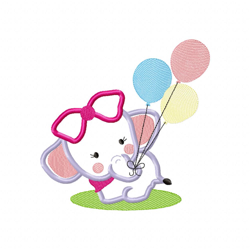 Baby Elephant Girl with Balloons - Applique - Machine Embroidery Design