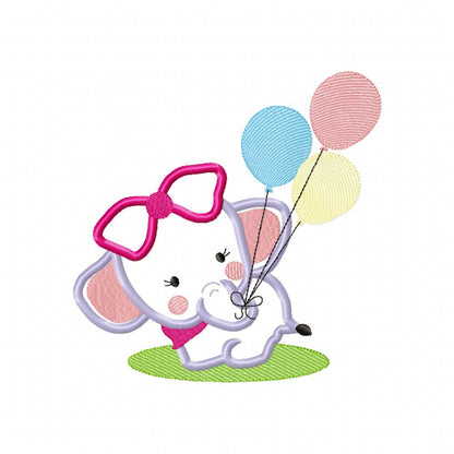 Baby Elephant Girl with Balloons - Applique - Machine Embroidery Design