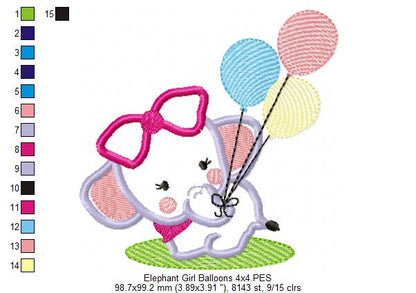 Baby Elephant Girl with Balloons - Applique - Machine Embroidery Design