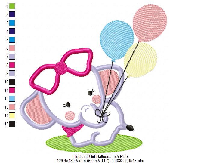 Baby Elephant Girl with Balloons - Applique - Machine Embroidery Design