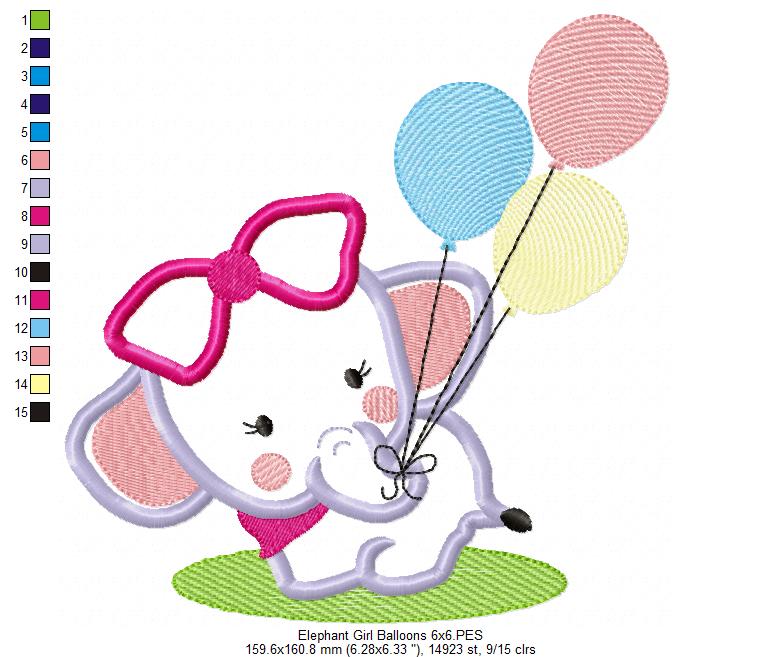 Baby Elephant Girl with Balloons - Applique - Machine Embroidery Design