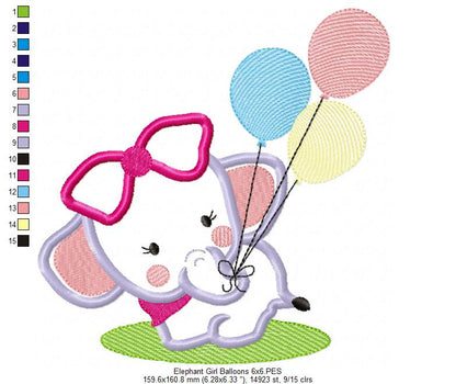 Baby Elephant Girl with Balloons - Applique - Machine Embroidery Design