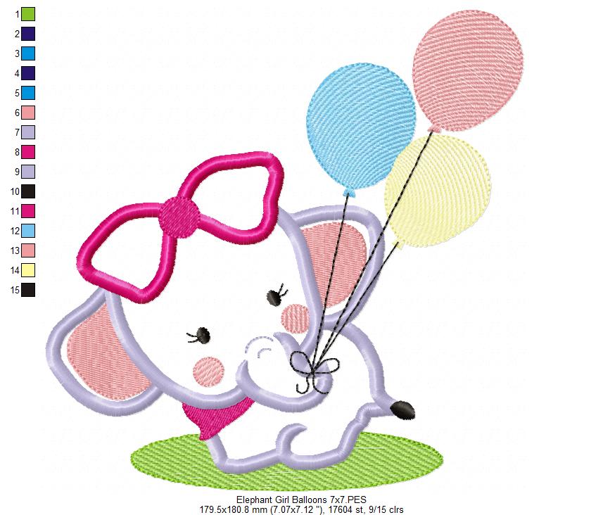 Baby Elephant Girl with Balloons - Applique - Machine Embroidery Design