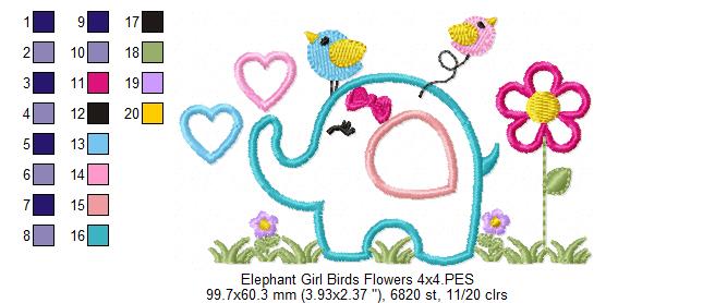 Elephant Girl, Birds and Flowers - Applique