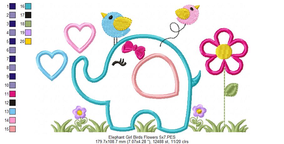 Elephant Girl, Birds and Flowers - Applique