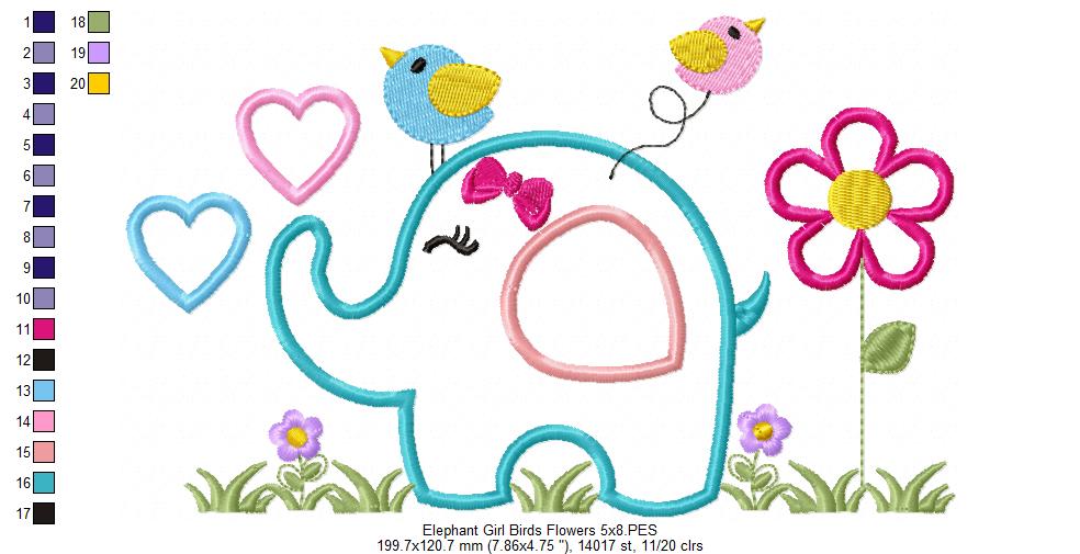 Elephant Girl, Birds and Flowers - Applique