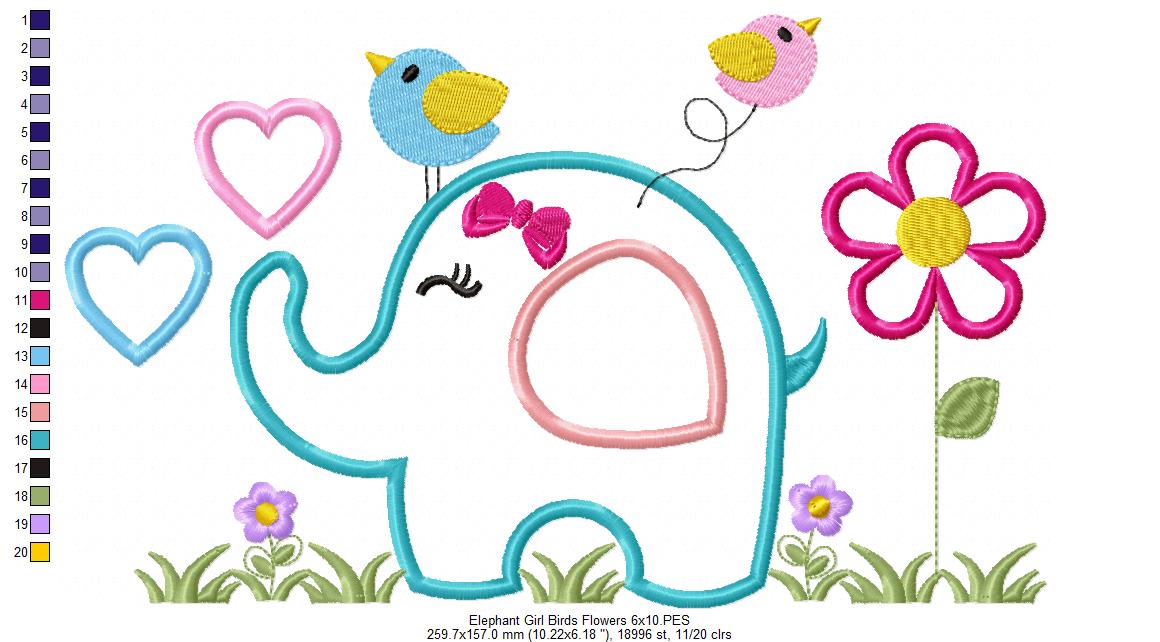 Elephant Girl, Birds and Flowers - Applique