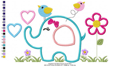 Elephant Girl, Birds and Flowers - Applique