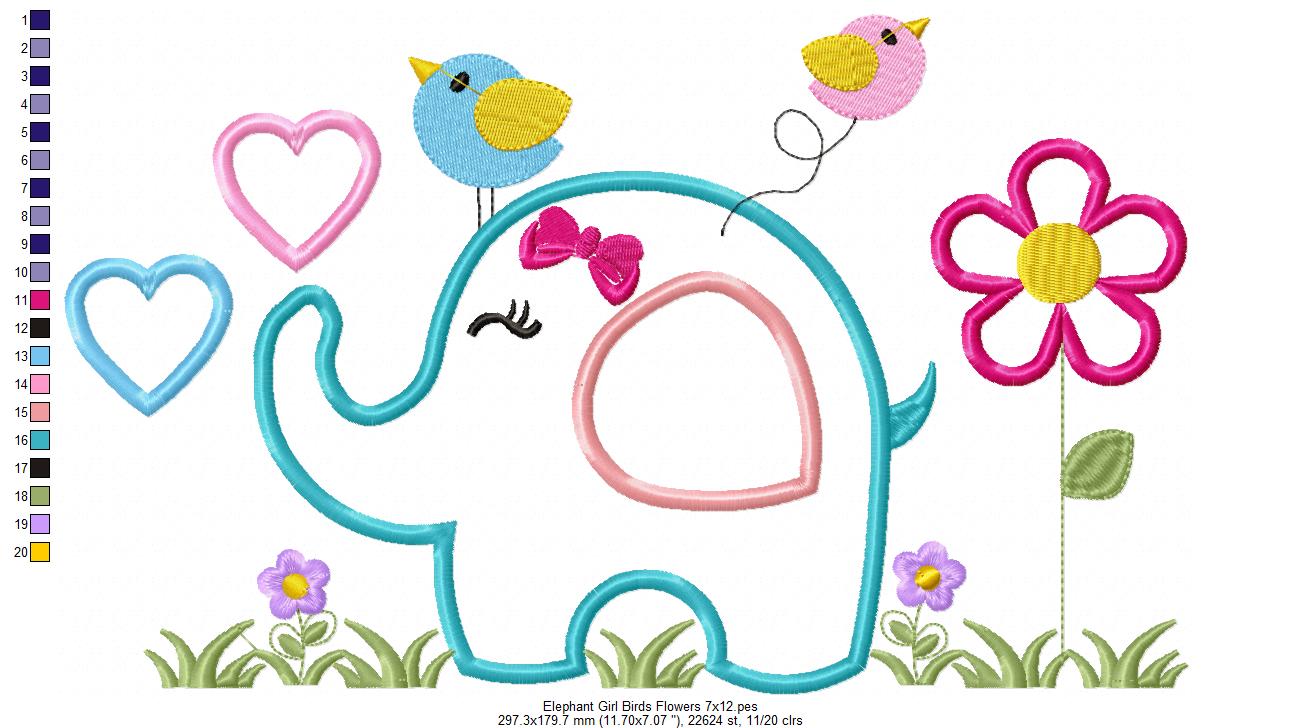 Elephant Girl, Birds and Flowers - Applique