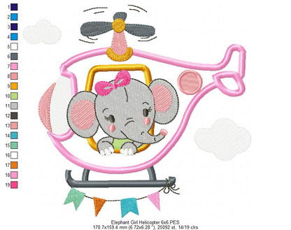 Elephant Boy and Girl in the Helicopter - Applique - Set of 2 designs