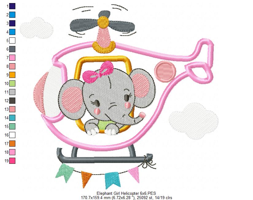 Elephant Boy and Girl in the Helicopter - Applique - Set of 2 designs