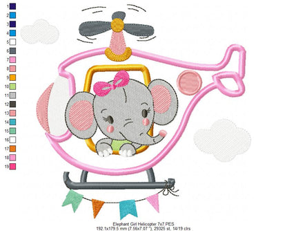 Elephant Boy and Girl in the Helicopter - Applique - Set of 2 designs