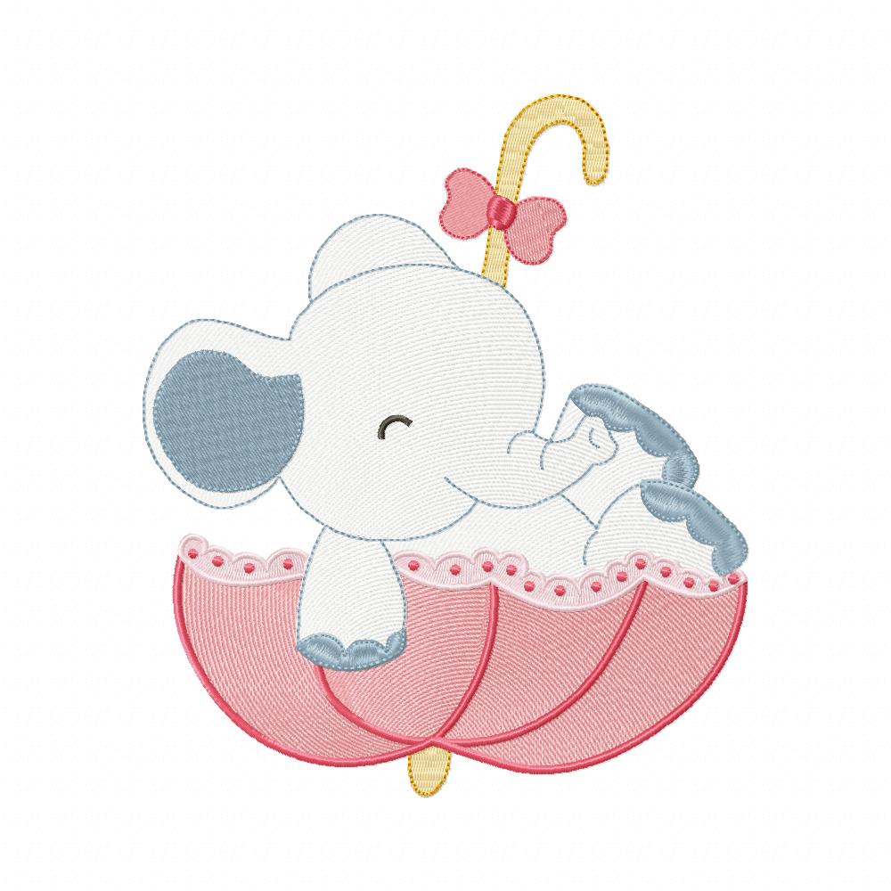 Sweet Elephant Umbrella Girl – Rippled Stitch - Machine Embroidery Design