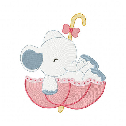 Sweet Elephant Umbrella Girl – Rippled Stitch - Machine Embroidery Design