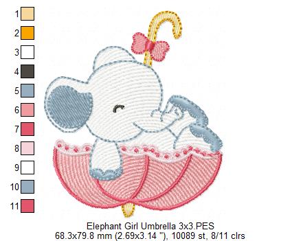 Sweet Elephant Umbrella Girl – Rippled Stitch - Machine Embroidery Design