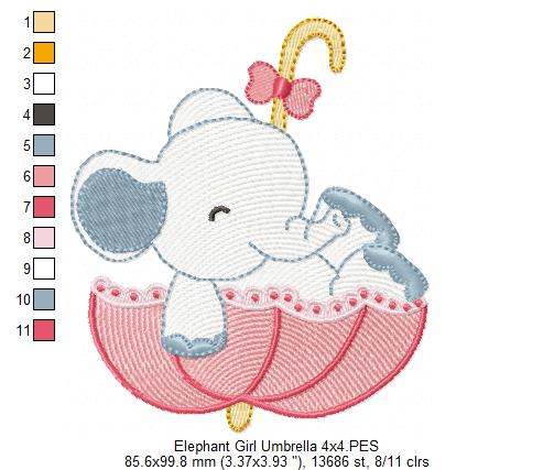 Sweet Elephant Umbrella Girl – Rippled Stitch - Machine Embroidery Design