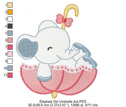 Sweet Elephant Umbrella Girl – Rippled Stitch - Machine Embroidery Design