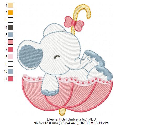 Sweet Elephant Umbrella Girl – Rippled Stitch - Machine Embroidery Design