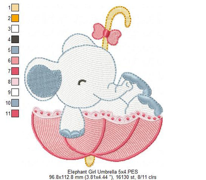Sweet Elephant Umbrella Girl – Rippled Stitch - Machine Embroidery Design