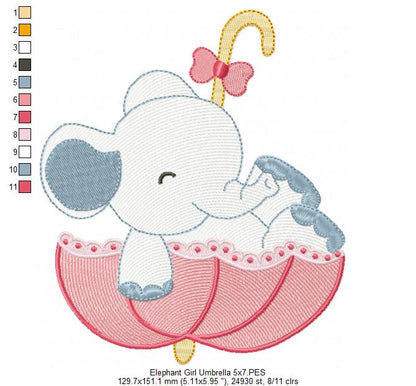 Sweet Elephant Umbrella Girl – Rippled Stitch - Machine Embroidery Design
