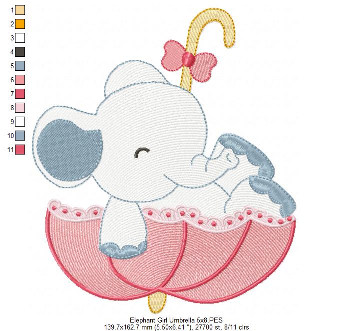 Sweet Elephant Umbrella Girl – Rippled Stitch - Machine Embroidery Design