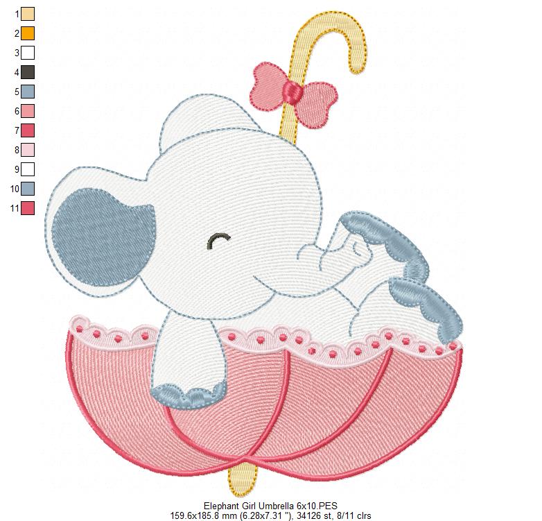 Sweet Elephant Umbrella Girl – Rippled Stitch - Machine Embroidery Design