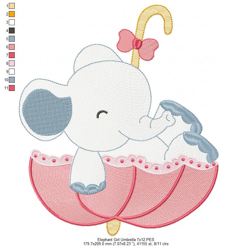 Sweet Elephant Umbrella Girl – Rippled Stitch - Machine Embroidery Design