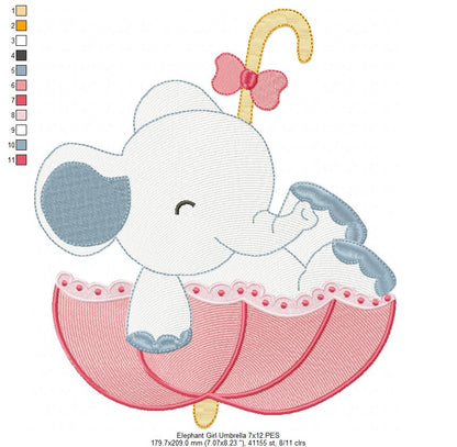 Sweet Elephant Umbrella Girl – Rippled Stitch - Machine Embroidery Design