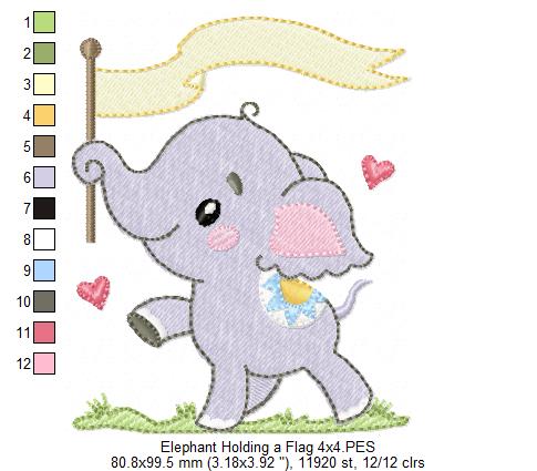 Elephant Holding a Flag - Fill Stitch - Machine Embroidery Design