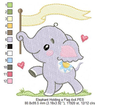 Elephant Holding a Flag - Fill Stitch - Machine Embroidery Design