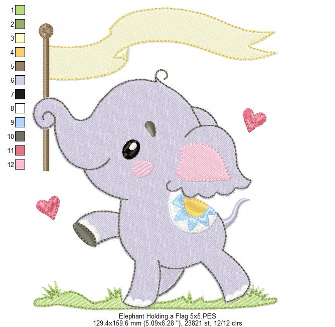 Elephant Holding a Flag - Fill Stitch - Machine Embroidery Design