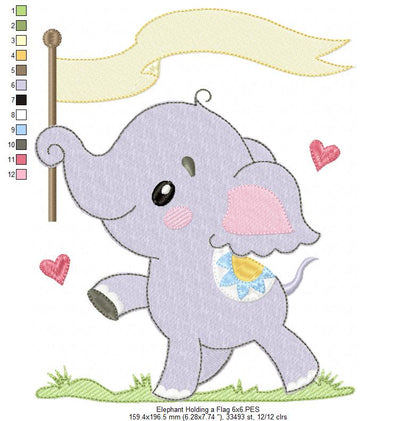 Elephant Holding a Flag - Fill Stitch - Machine Embroidery Design