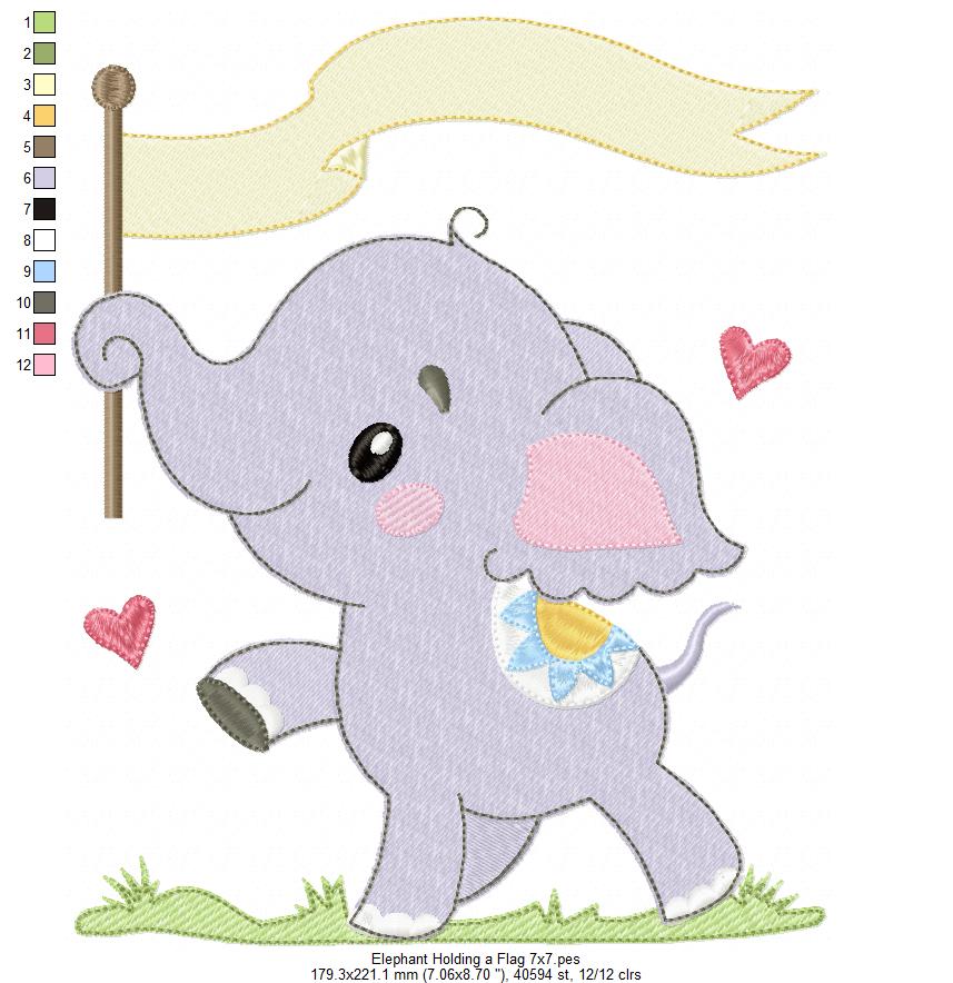 Elephant Holding a Flag - Fill Stitch - Machine Embroidery Design