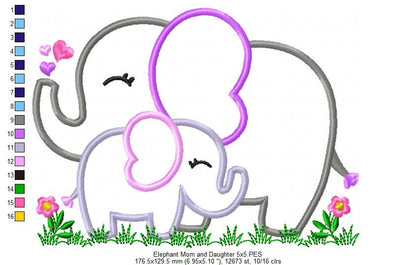Elephant Mom and Daughter – Applique – Machine Embroidery Design