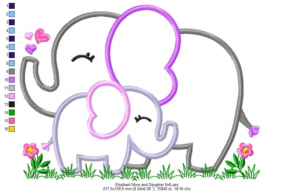 Elephant Mom and Daughter – Applique – Machine Embroidery Design