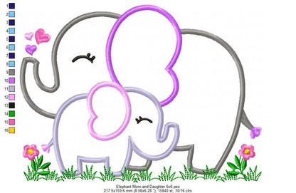 Elephant Mom and Daughter – Applique – Machine Embroidery Design