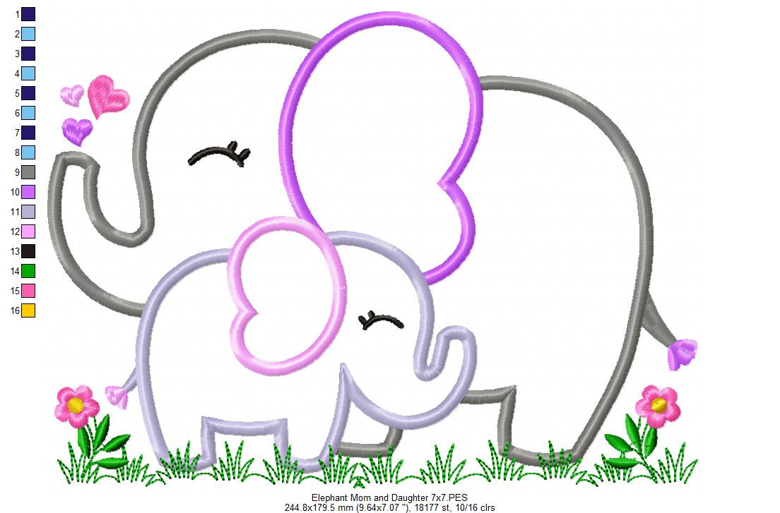 Elephant Mom and Daughter – Applique – Machine Embroidery Design