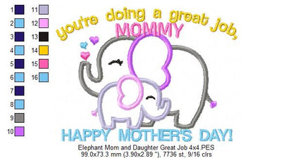 Elephants Happy Mother's Day - Applique - Machine Embroidery Design