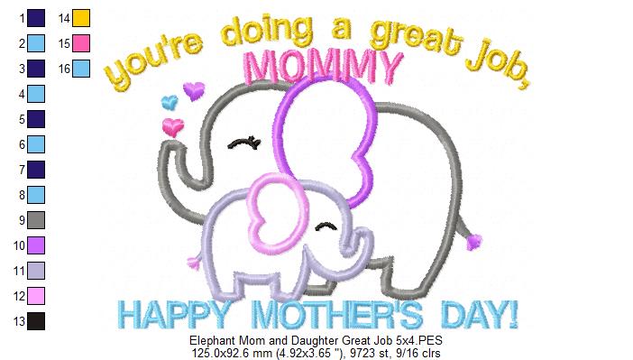 Elephants Happy Mother's Day - Applique - Machine Embroidery Design
