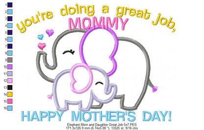 Elephants Happy Mother's Day - Applique - Machine Embroidery Design