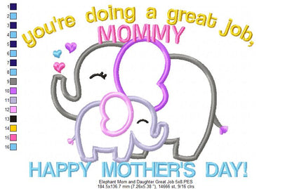 Elephants Happy Mother's Day - Applique - Machine Embroidery Design