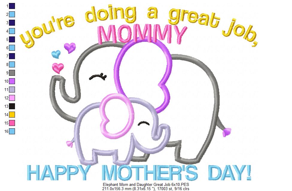 Elephants Happy Mother's Day - Applique - Machine Embroidery Design