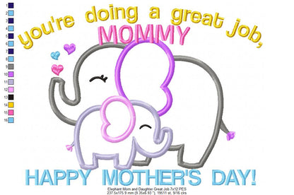 Elephants Happy Mother's Day - Applique - Machine Embroidery Design