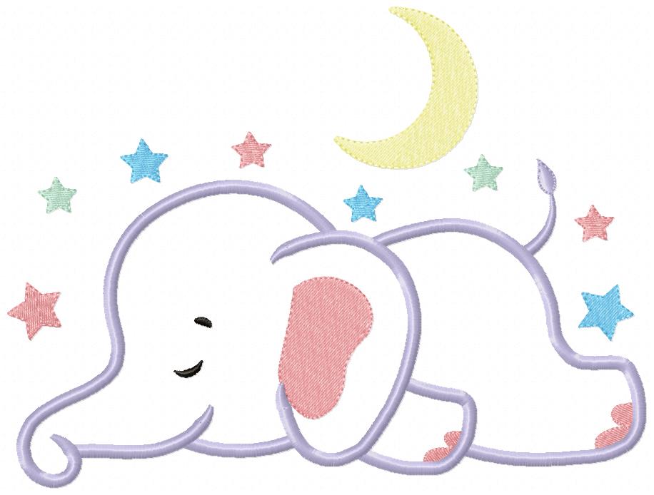 Sleepy Elephant, Moon and Stars - Applique