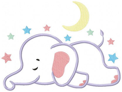 Sleepy Elephant, Moon and Stars - Applique