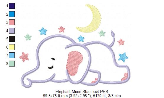 Sleepy Elephant, Moon and Stars - Applique