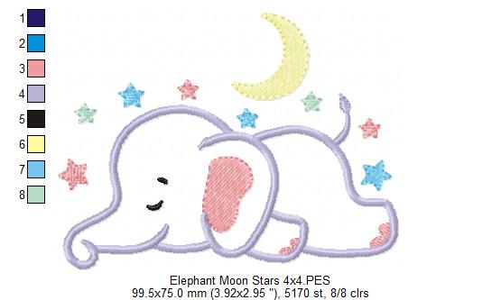 Sleepy Elephant, Moon and Stars - Applique