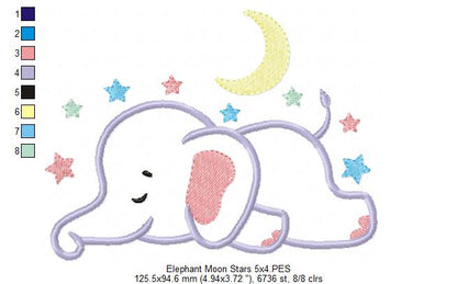 Sleepy Elephant, Moon and Stars - Applique