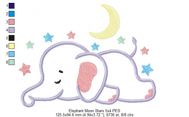 Sleepy Elephant, Moon and Stars - Applique